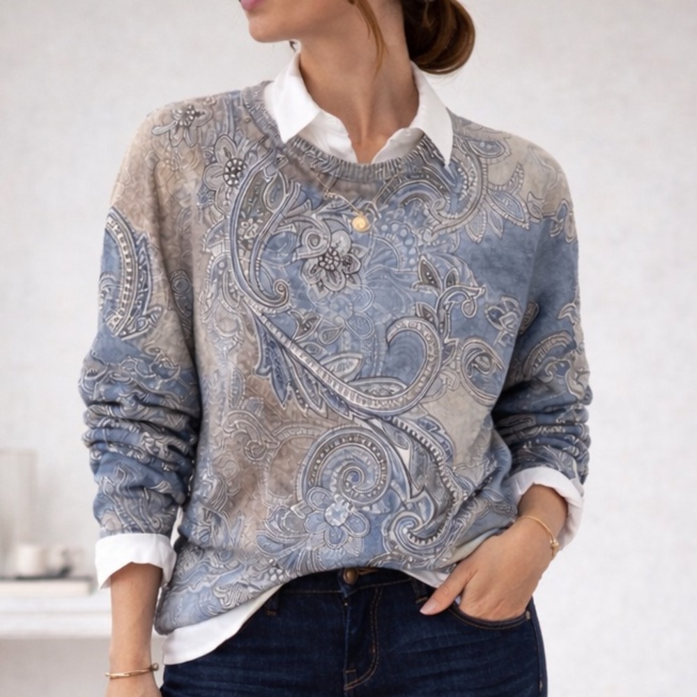 Blue Gray Paisley Statement Sweater Crewneck Allover Print - Picture 2 of 16